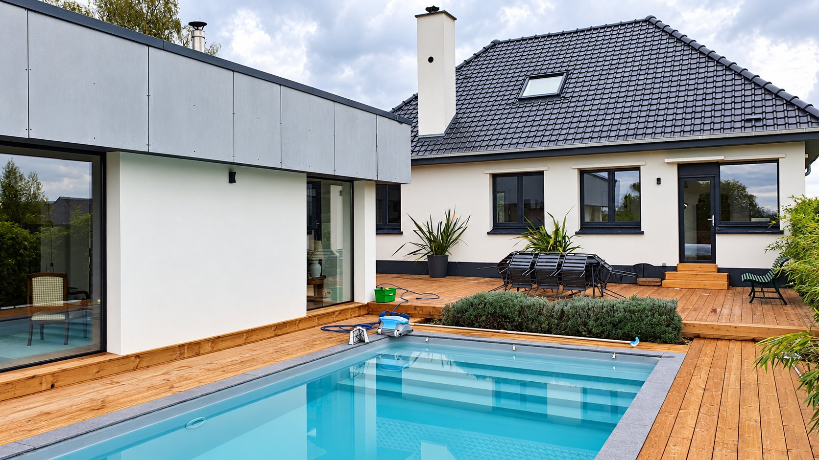 Maison blanche à baies vitrées ouvrant sur une terrasse en bois et une piscine