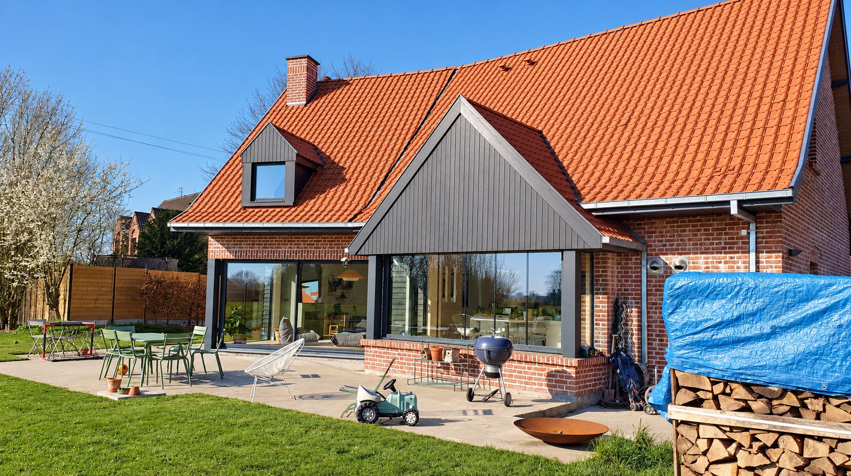 Maison en briques à toit de tuiles orange et large baie vitrée
